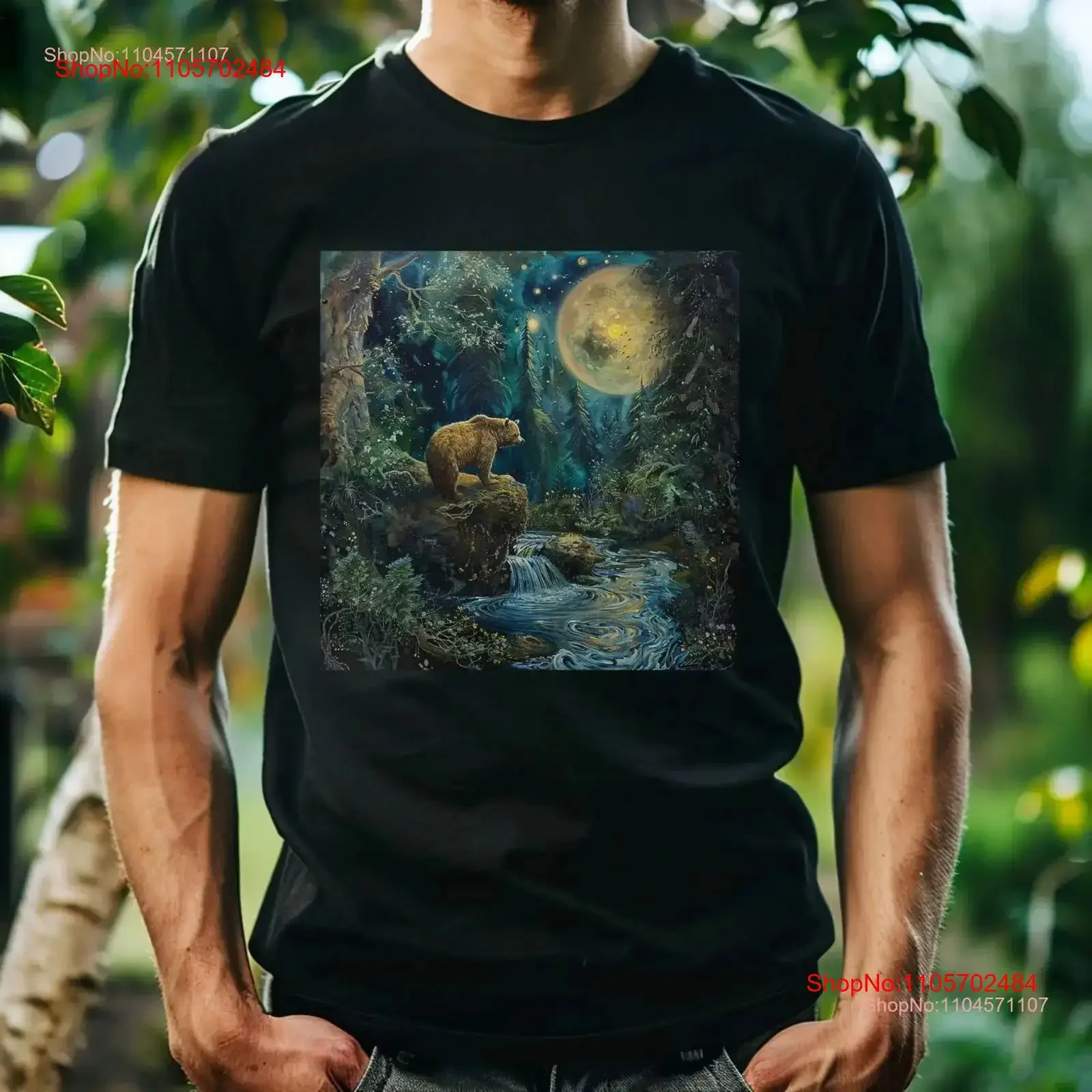Mystical Moonlight Bear ArT T Shirt Adorable Wildlife Nature Inspired Jungle Print Animal Idea vintage Washed streetwear