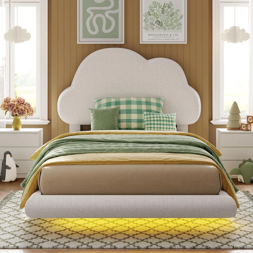 

Bed Frames with Cloud Headboard, Upholstered Boucle Floating Platform Bed with LED Lights, Solid Wooden Slats Su