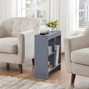 

Narrow Chairside End Table with Pull-Out Tray & Storage Shelves, Slim Wood Nightstand or Bedroom & Living Room – Gray