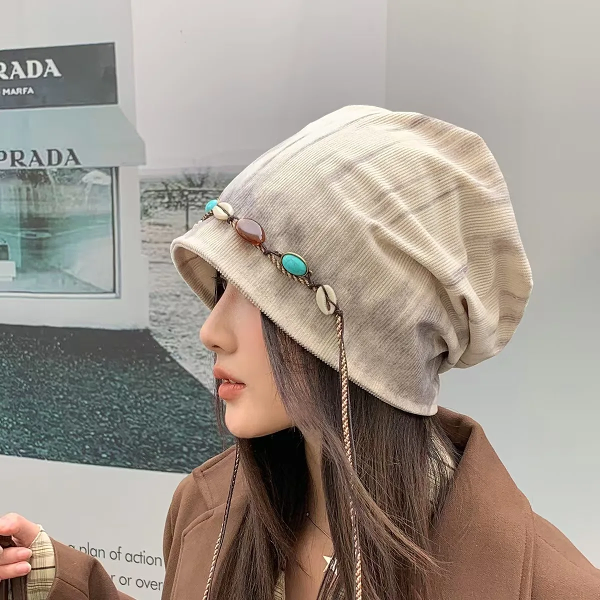 

Fashion Beaded Decor Y2k Baggy Cap Ethnic Style Korean Style Beanies Cap Big Head Circumference Versatile Pullover Hats Women