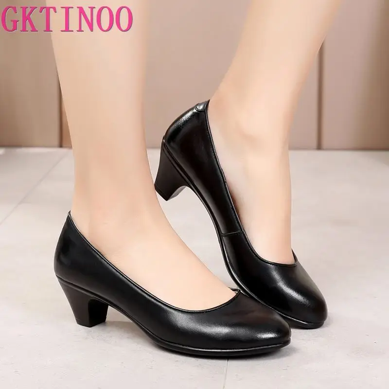 

GKTINOO Genuine Leather shoes Women Round Toe Pumps Sapato feminino High Heels Shallow Fashion Black Work Shoe Plus Size 33-43