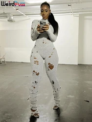 Weird Puss Knit Rip Jumpsuit Women Fitness Hollow Elastic Sexy Hipster Fall Long Sleeve Activity Street Workout Tight Overalls