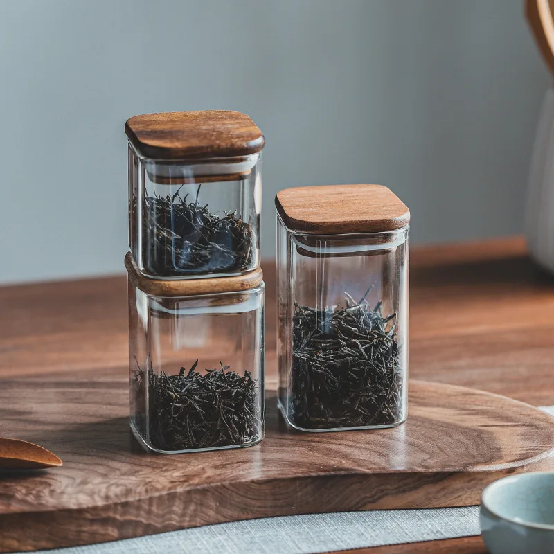 

LMM Small Capacity Mini Homestay Tea Jar Square Wood Cover Glass Storage Jar