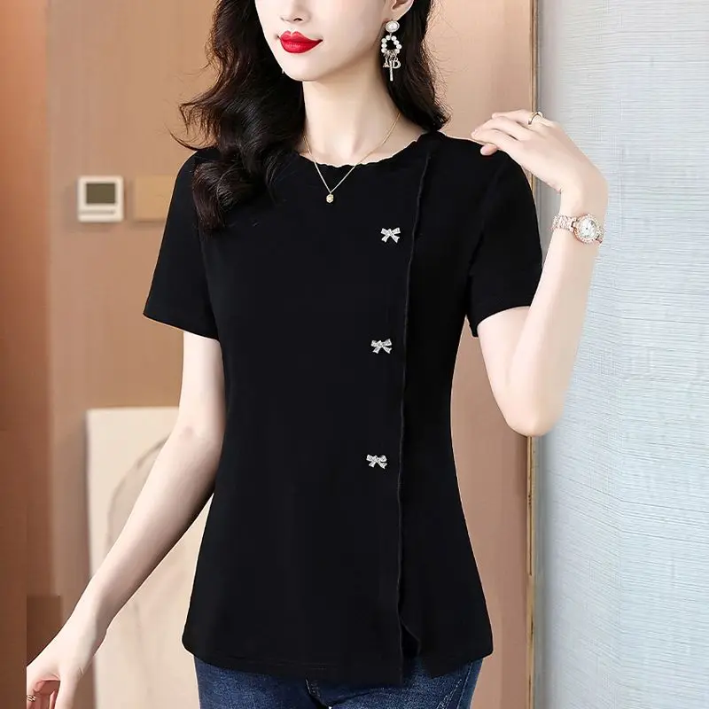 New Summer Women\'s Solid Colors O-Neck Short Sleeve Plus Size Slim Thin Bow Classic Pullovers Trendy Commute Comfortable Tops