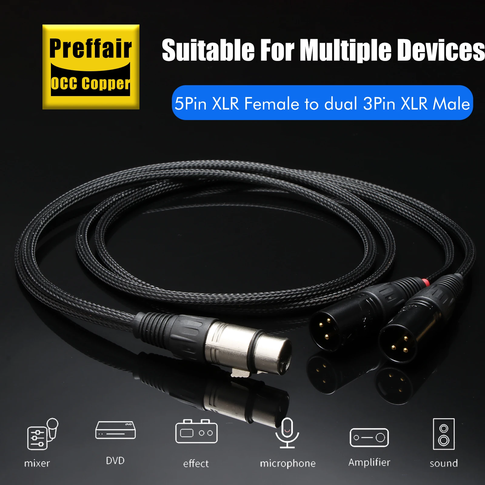 Preffair HiFi 5 Pin Female XLR to 3 XLR Male Anti-jamming Shield Dual XLR Mic Microphone Amplifier Mixer Splitter Audio Cable