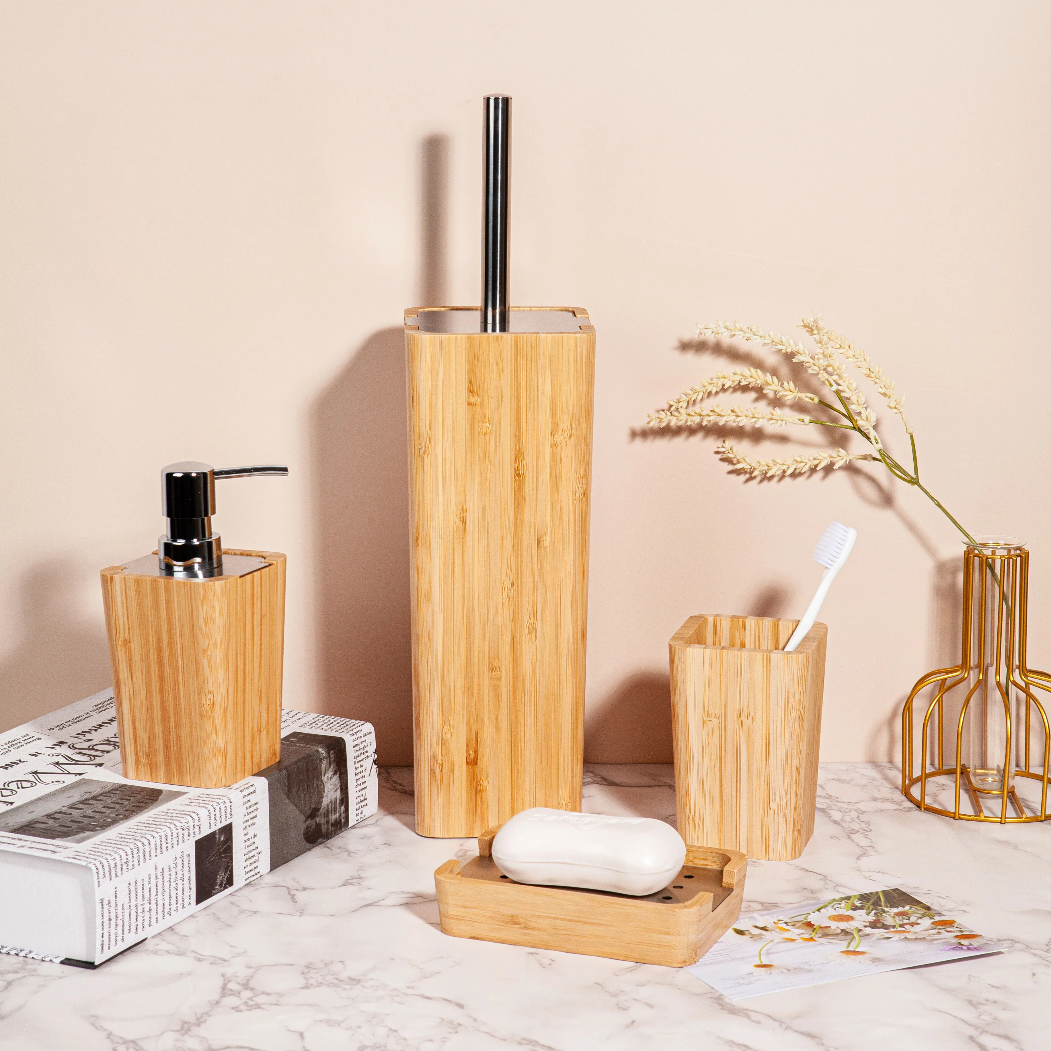 Bamboo Wood Bathroom Accessories Set Soap Dispenser Tumbler Soap Dish Toiletbrush Holder Solid Wood Bamboo