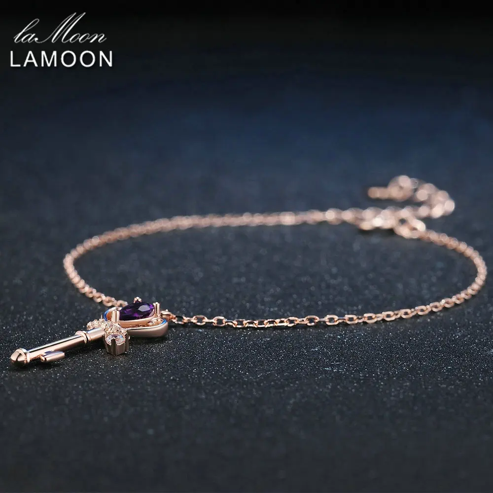 LAMOON Crown Key 6x4mm 0.4ct Natural Teardrop Amethyst 925 Sterling Silver Jewelry Rose Gold Plated S925 Charm Bracelet LMHI024