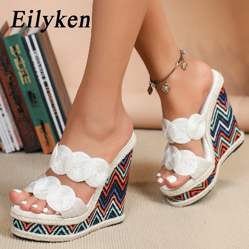 

Eilyken/летние тапочки на танкетке из конопляного плетения, женские дизайнерские туфли разных цветов на массивном высоком каблуке, размер 34-43