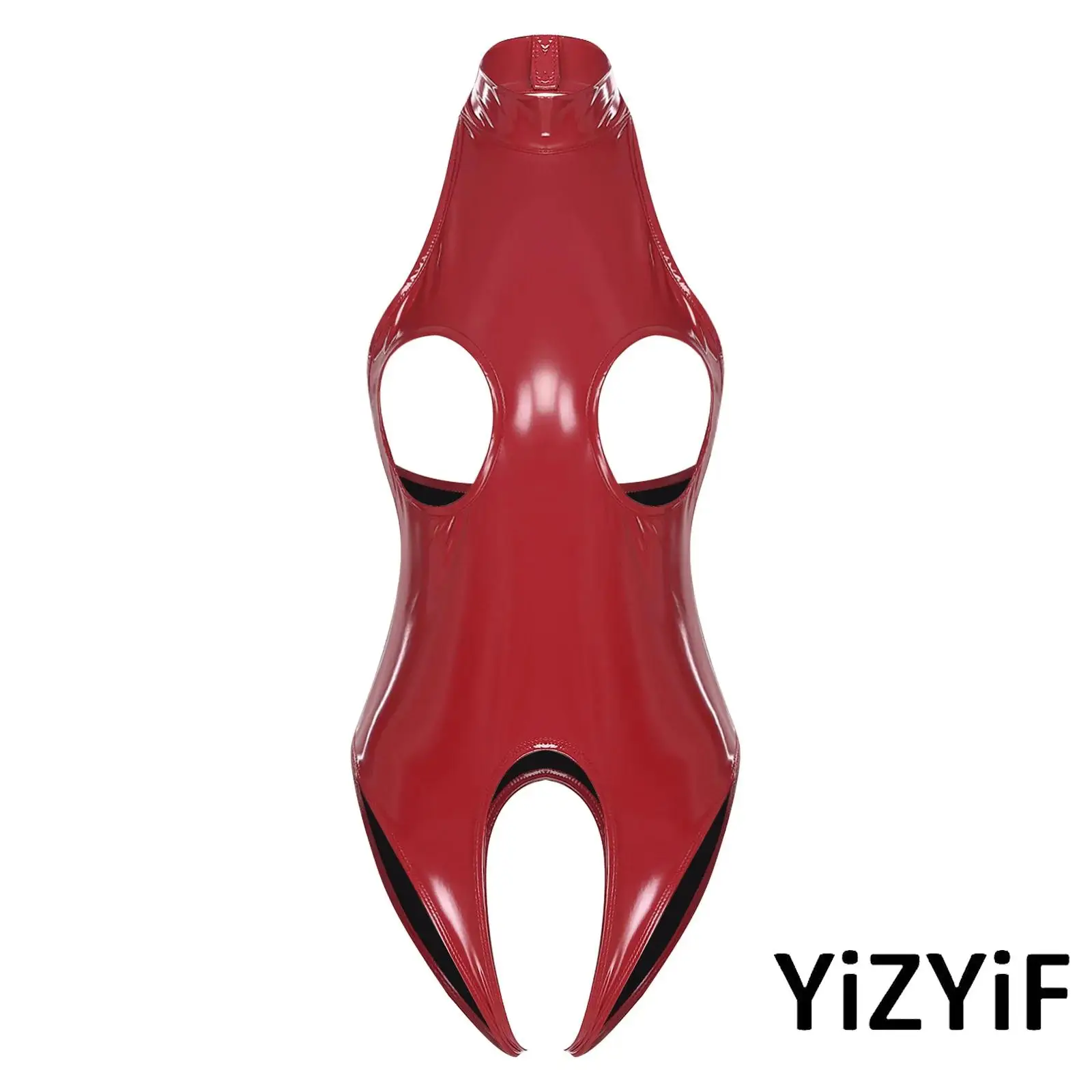 

Сексуальное женское боди с вырезом на шее, глянцевое, из искусственной кожи, с открытой спиной, вырезами на чашечках и открытой промежностью, для медового месяца и годовщины, ночное белье