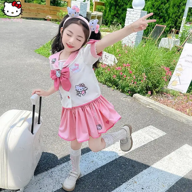 

Комплект из 2 предметов: летний аниме-костюм Hello Kitty для девочек, новый милый комплект в стиле JK с Куроми, плиссированная юбка с коротким рукавом в студенческом стиле