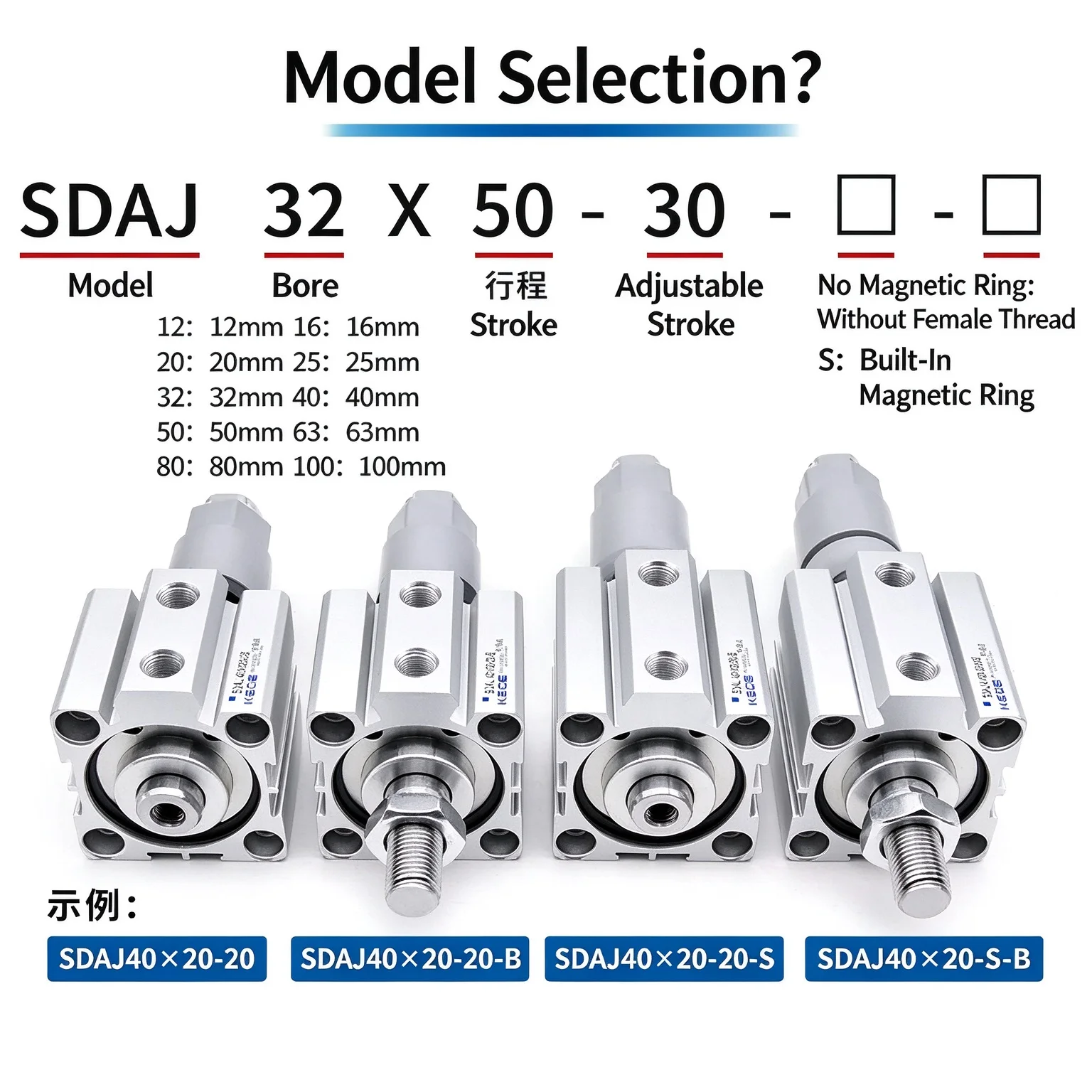 Double Acting Piston Aluminum Alloy Adjustable Stroke Compact Thin Air Pneumatic Cylinder SDAJ20/25/32/40/50/63/80/100