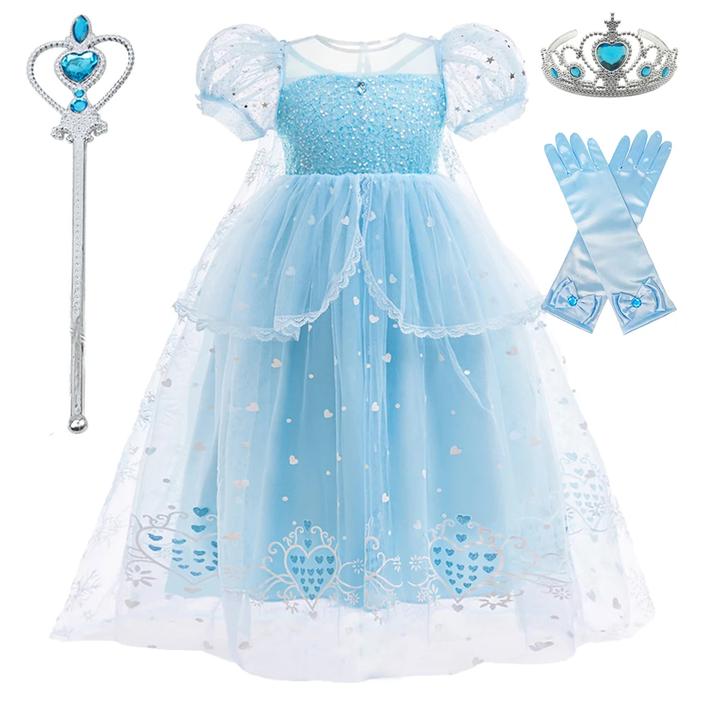 Fancy Elsa Princess Cosplay Costume For Girls Carnival Christmas Snow Queen Birthday Party Dress Halloween Sequins Kids Clothing