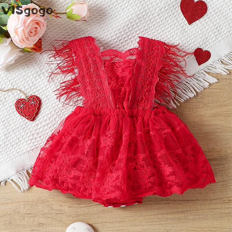 

VISgogo Baby Girls Summer Romper Dress Newborn Sleeveless Feather Ruffle Decor Sweet Lace Rompers Infant Princess Clothes