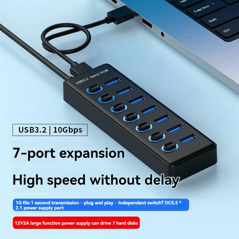 7 Port USB3.2 Gen2 HUB 10Gbps USB 3.0 Hub With Individual Switch Control LED Indicator With Power Adapter US Plug