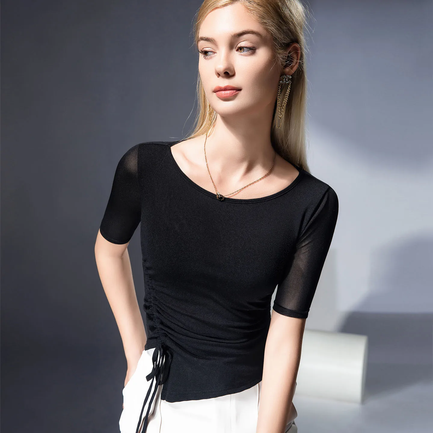 

New 2025 Women's Temperament Mesh Half Sleeve Top Spring Summer New Drawstring T-Shirt Stretch Plus Size Mid Sleeve Girls Alo
