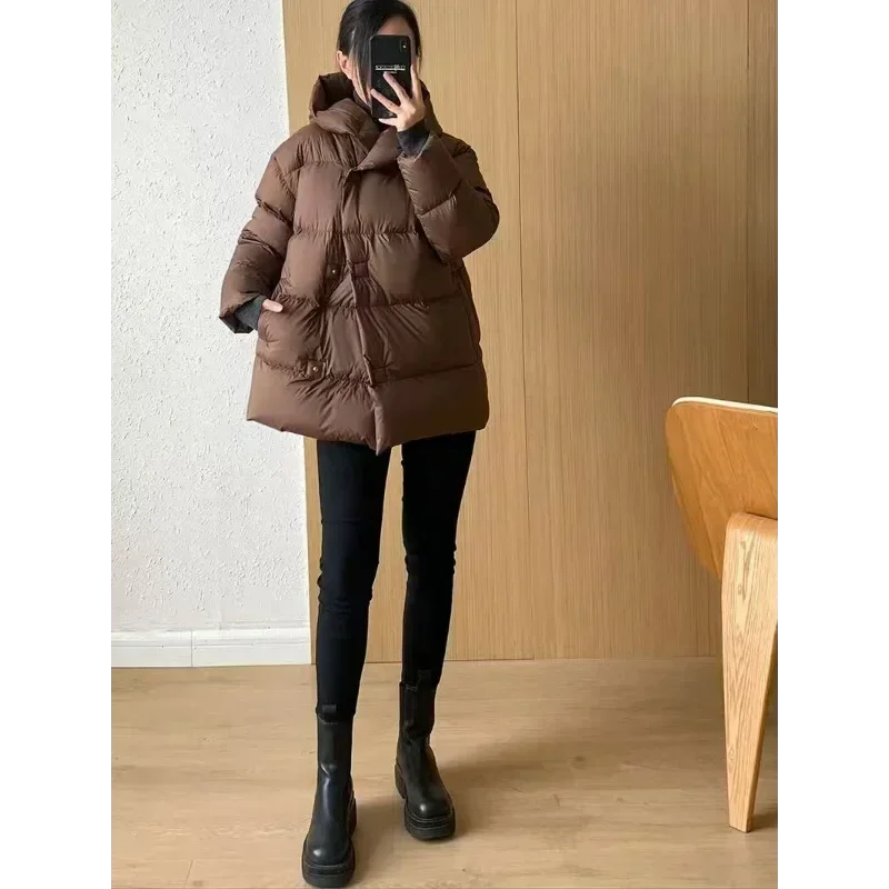 Piumini coreani semplici cappotti di piume Casual Parka allentato con cappuccio piumini solidi di media lunghezza giacca da donna calda antivento