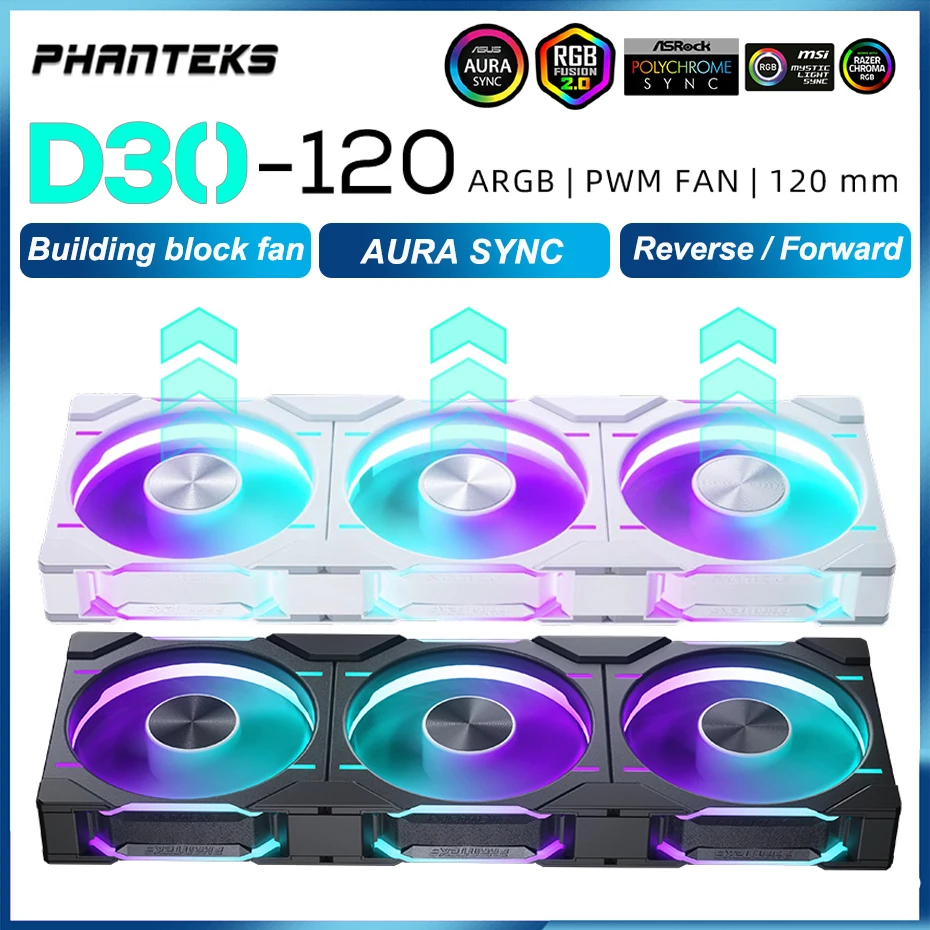 

Phanteks D30-120 120mm ARGB Case Fan Regular/Reverse Airflow 4PIN PWM Water Cooling Fan Four-Sided Wireless Splicing