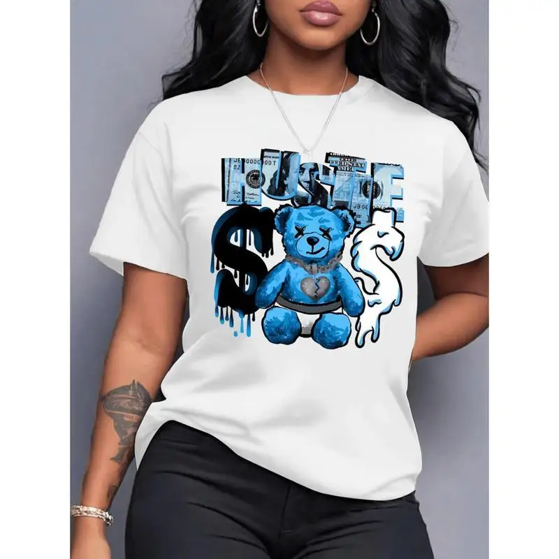 

Hustle Bear Graphic T-shirt for Women,Y2K Streetwear Loose Top,Hip Hop Dollars Print Tee,Trendy Casual Summer Short Sleeve Shirt