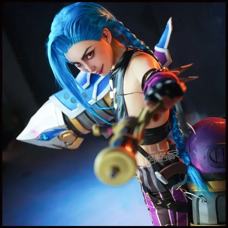 Kahraman ligi Cosplay savaş iki şehir öfke Lori Lol Jinx çünkü giyim kadın oyunları Jinks kostüm tam Set kızlar için