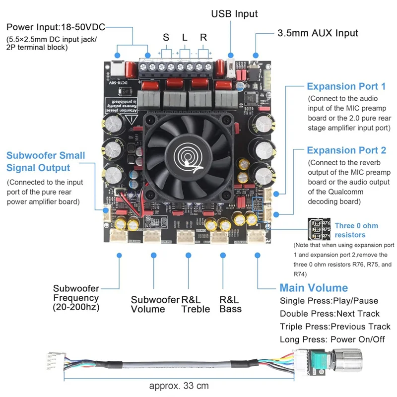 

A32T-ZK-AS21P Bluetooth Amplifier Board 18-50V DC Wide Voltage Input Vehicle Amplifier
