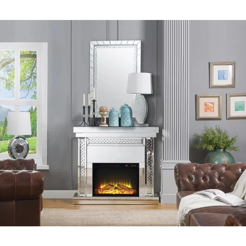 #Modern Mirrored & Faux Crystals Fireplace Console Table With MDF Panel For Living Room