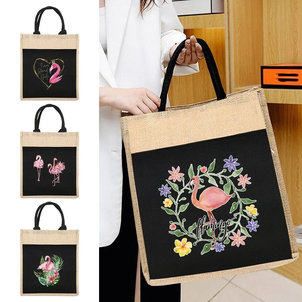 2024 New Reusable Shopper Bags Women's Linen Tote Bag Women's One-shoulder Tote Bag Flamingo Series for Grocery Shopping Tote