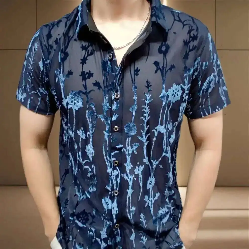 2024 New DJ Prom Shirt manica corta See Through Lace Shirt Chemise Homme Men Club Party camicia di velluto fiore trasparente da uomo