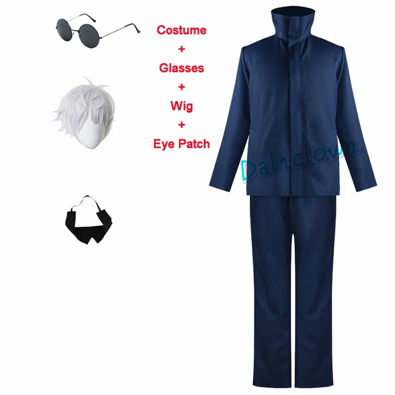 JJK Gojo Satoru Cosplay pour hommes, uniforme de perruque, patchs pour les yeux trempés, lunettes noires, accessoires de costume, accessoires d'anime, costume d'Halloween