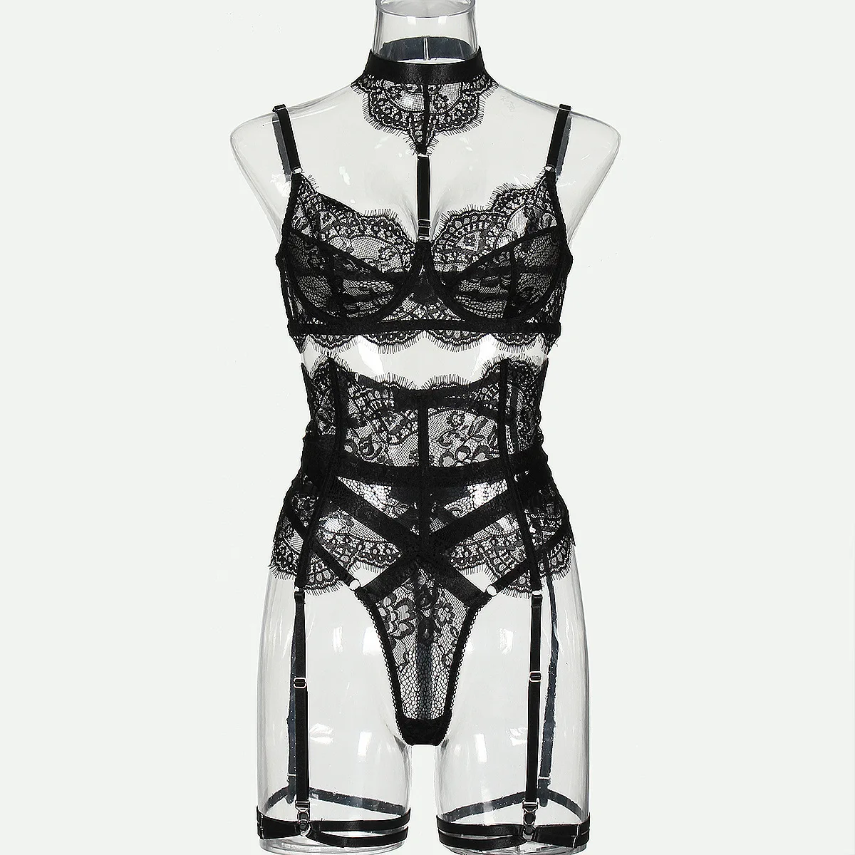 New lace pick-up body sculpting sex set perspective neck sexy underwear four-piece set lace bodysuit  body suit  sexy lingerie