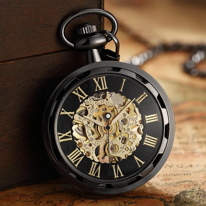 Gold Unisex Mechanical Fob Pocket WatchVintage Watch Necklace Steampunk Skeleton Mechanical Fob Hand-winding Men Women Clock