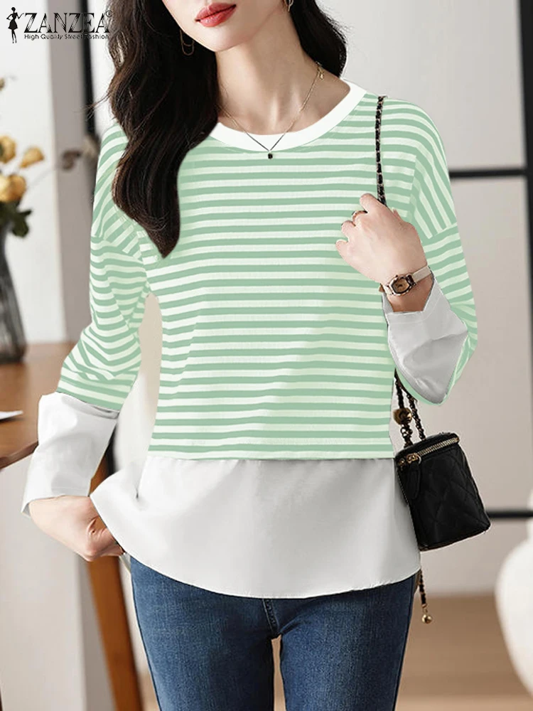 Zanzea feminino listra impresso blusas casuais solto manga longa topos elegante o pescoço simples blusa moda costura 2024 outono t