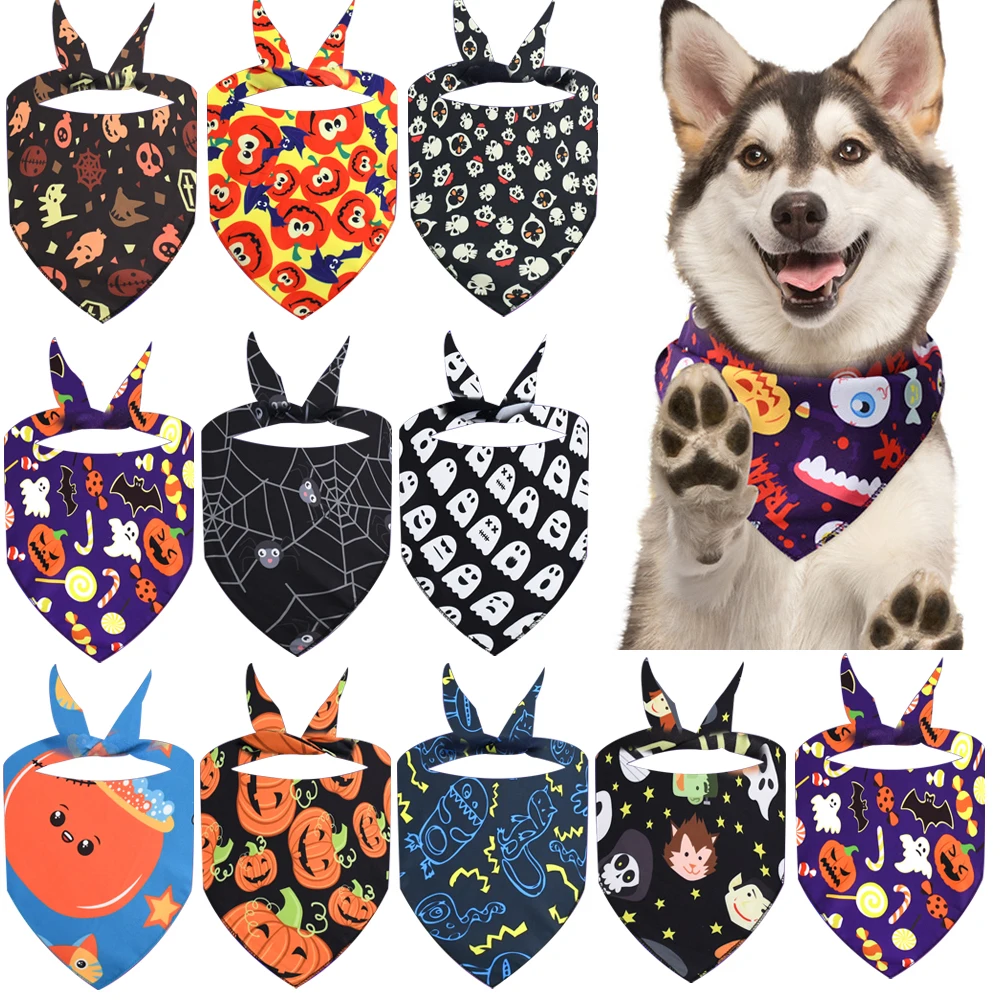 30pcs Halloween Pet Dog Bandanas Scarf Adjustable Dog Bandanas Small Dogs Cats Bibs Holiday Pet Supplies Skull Dog Accessories