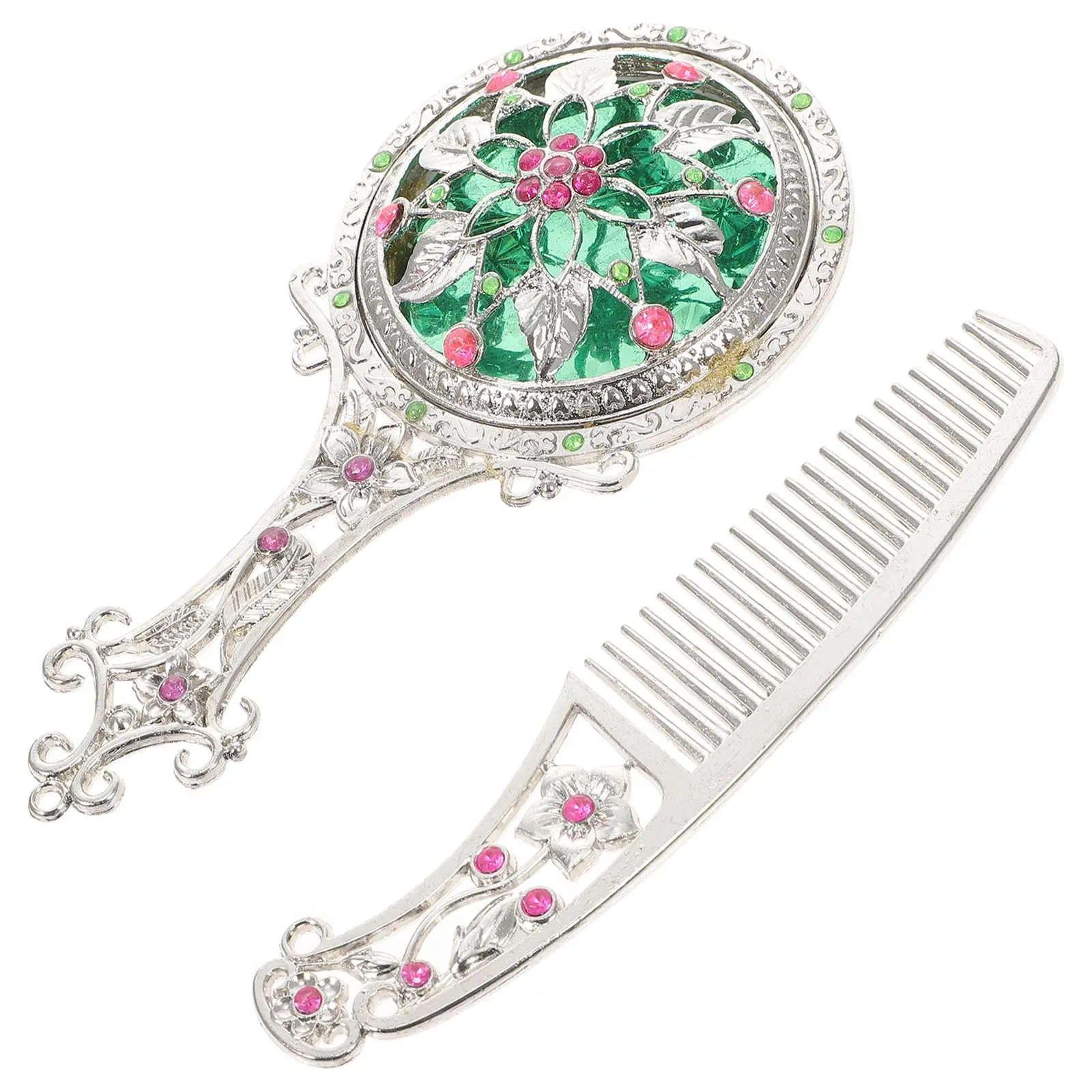 

Makeup Vanity Retro Floral Comb Set Mirror Small Portable Silver Alloy Glass Miss