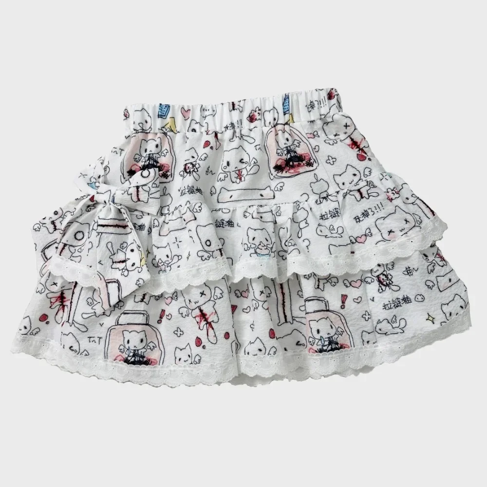 

Cat Skull Print Ruffle Cake Y2K Fairycore Cake Summer Skirts Cartoon Kawaii Mini Skirt Elastic Waist Japanese Student Skater 90s