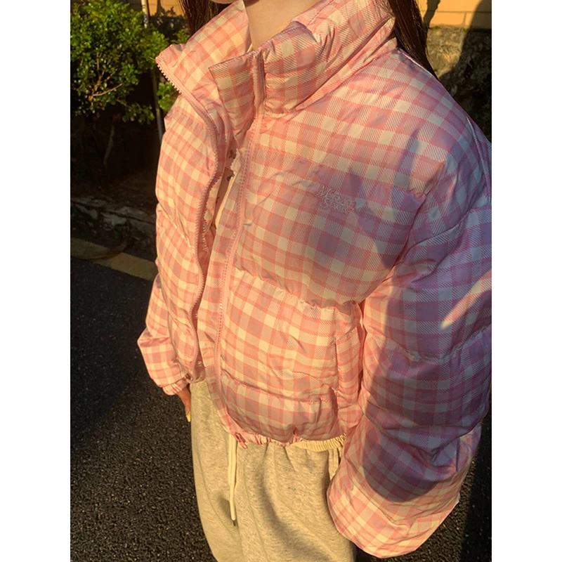 Coreano xadrez inverno inchado casaco feminino manga longa rua zip parkas jaqueta grossa quente estilo preppy casual outwear