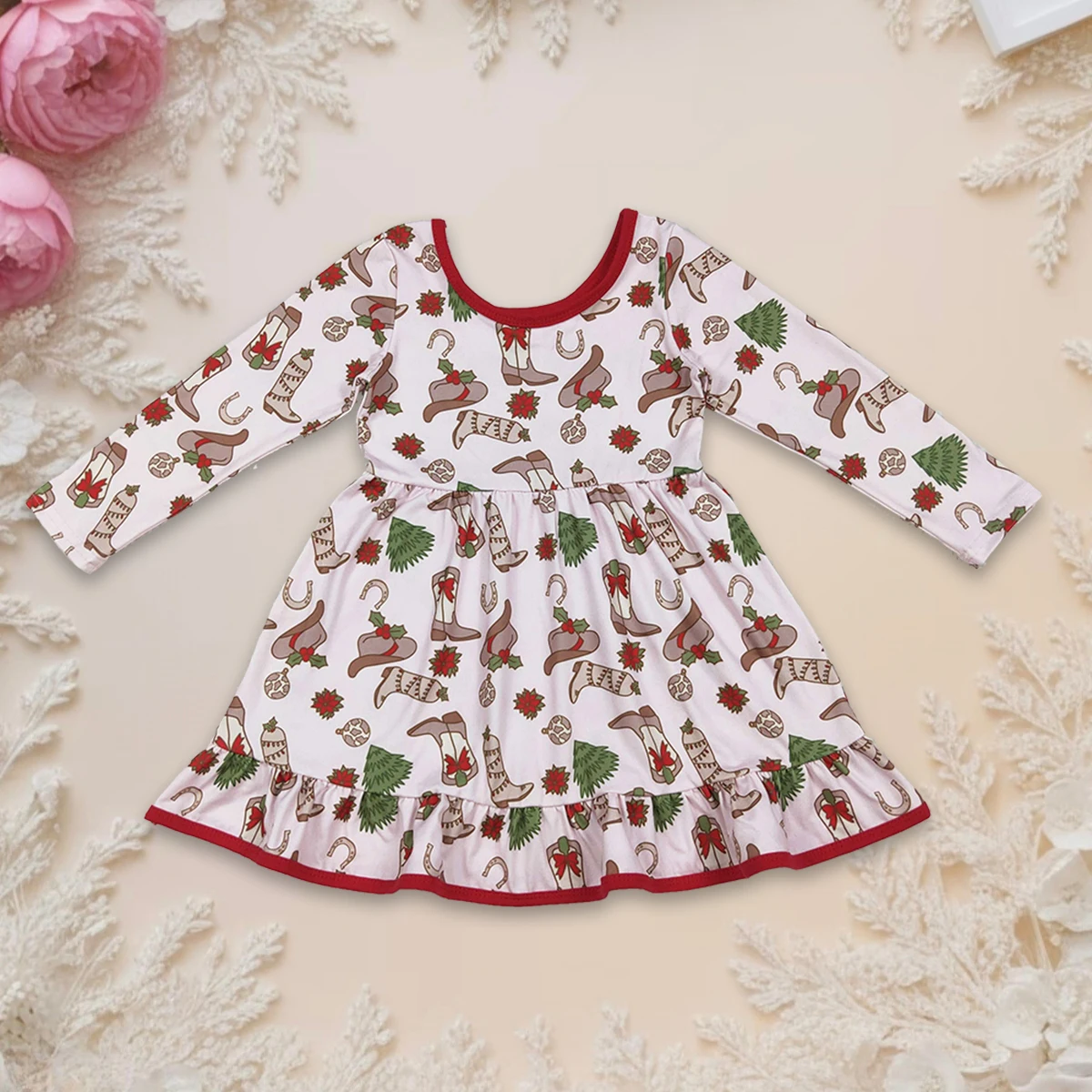 

Hot Sale Baby Girl Fall Dress Sweet Toddler Clothes Boots Holly Long Sleeve Ruffle Knee Length Dresses Kids Clothing Casual Wear