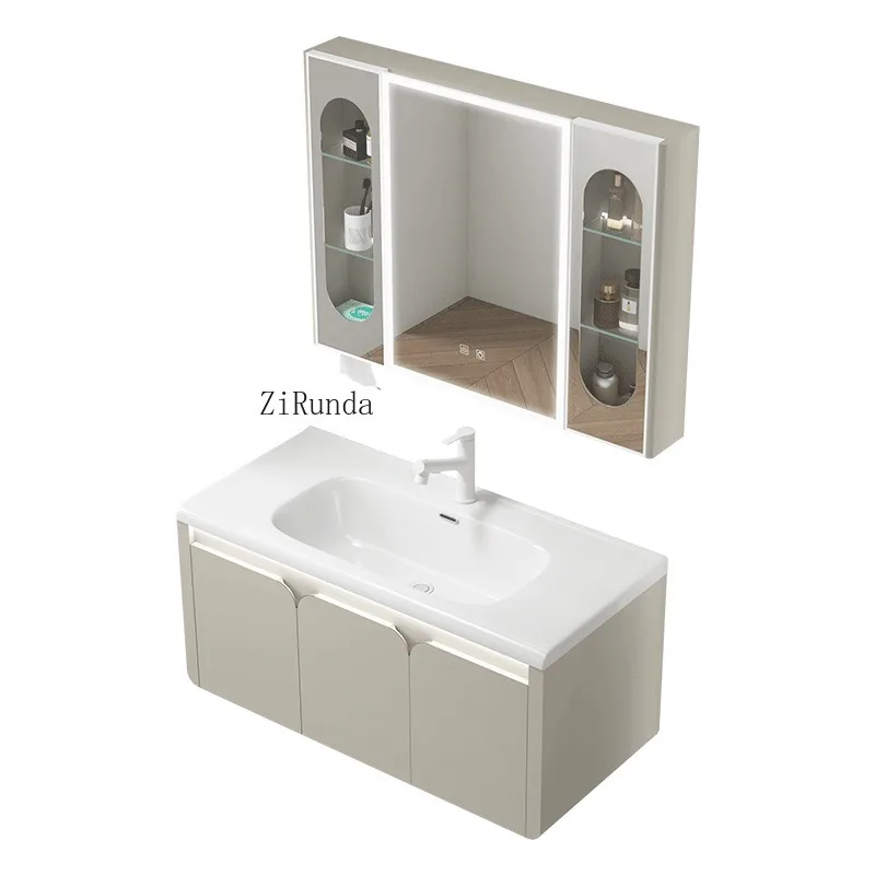 Modern cream wall-mounted bathroom sink sensor light mirror cabinet deep ceramic basin I board hotel use