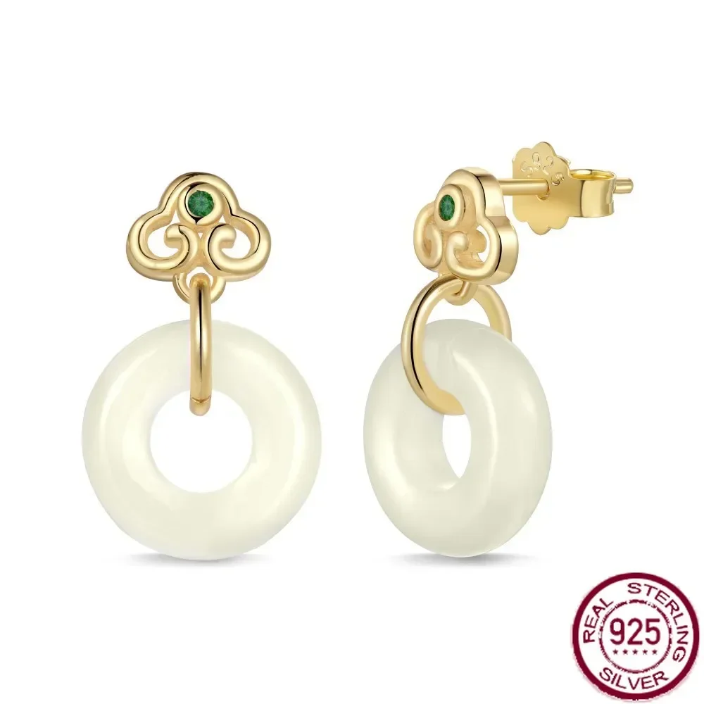 

2024 S925 Pure Silver Ear Nail Women's Hotan Jade Jade Ring Design Fashion Retro Temperament Versatile Women's Wedding Jewelry