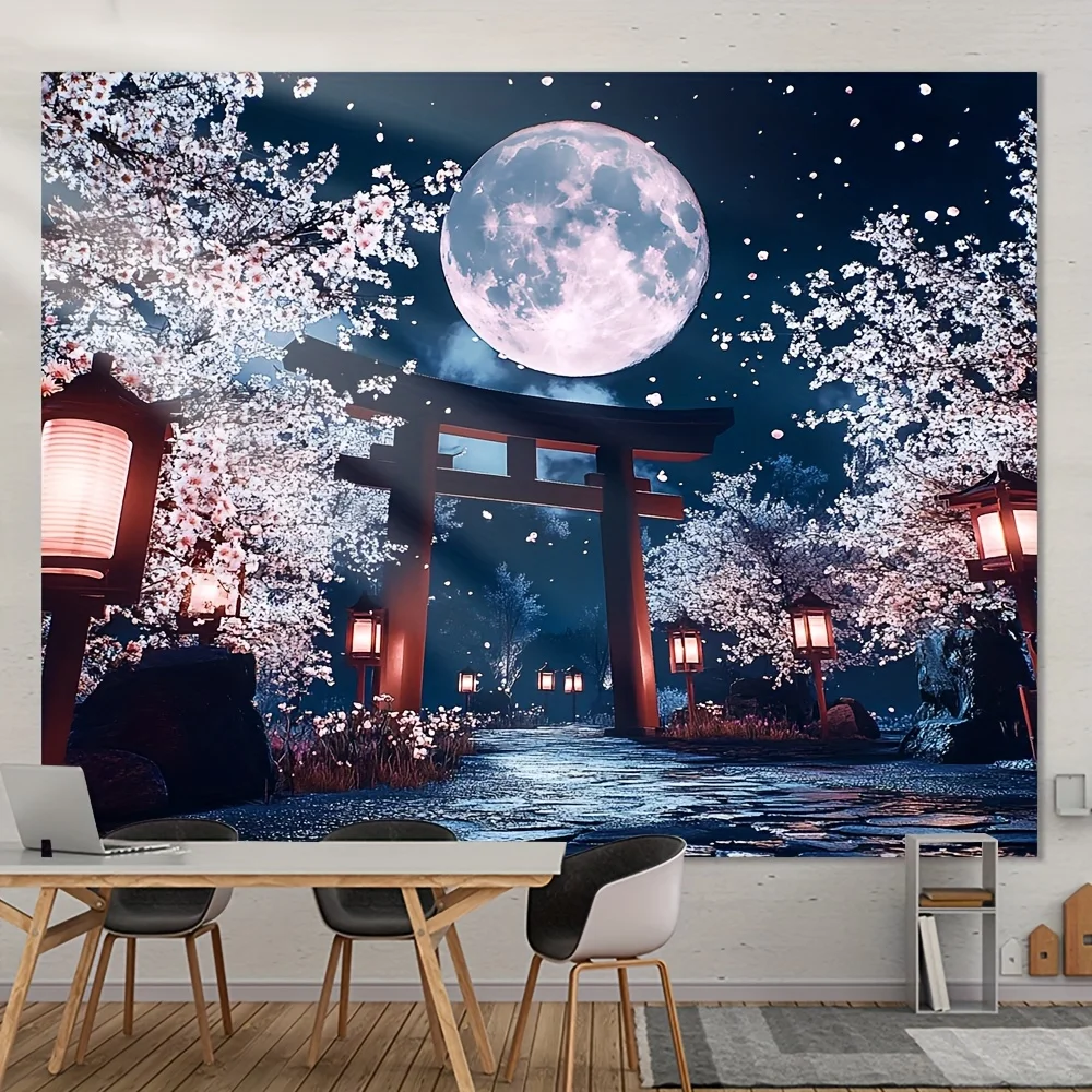 Japanese Sakura Moon Tapestry Wall Hanging Anime Decor Torii Gate Cherry Blossom Print Large Room Backdrop Art Wallpaper