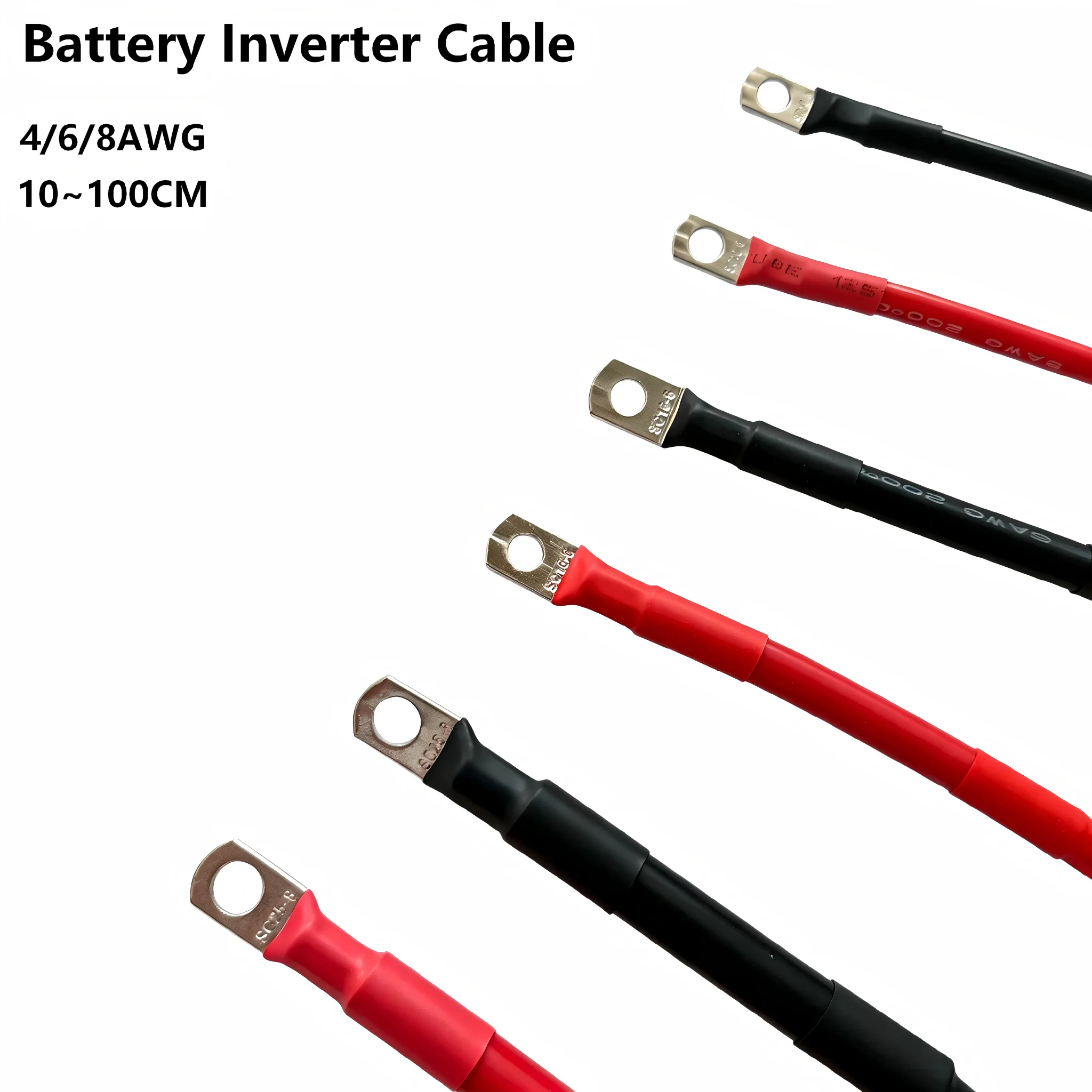 Car Battery Cable Silicone Wire With Lug Ring M8 Terminal Cable Black Red Wire 4AWG 6AWG 8AWG For Inverter Battery
