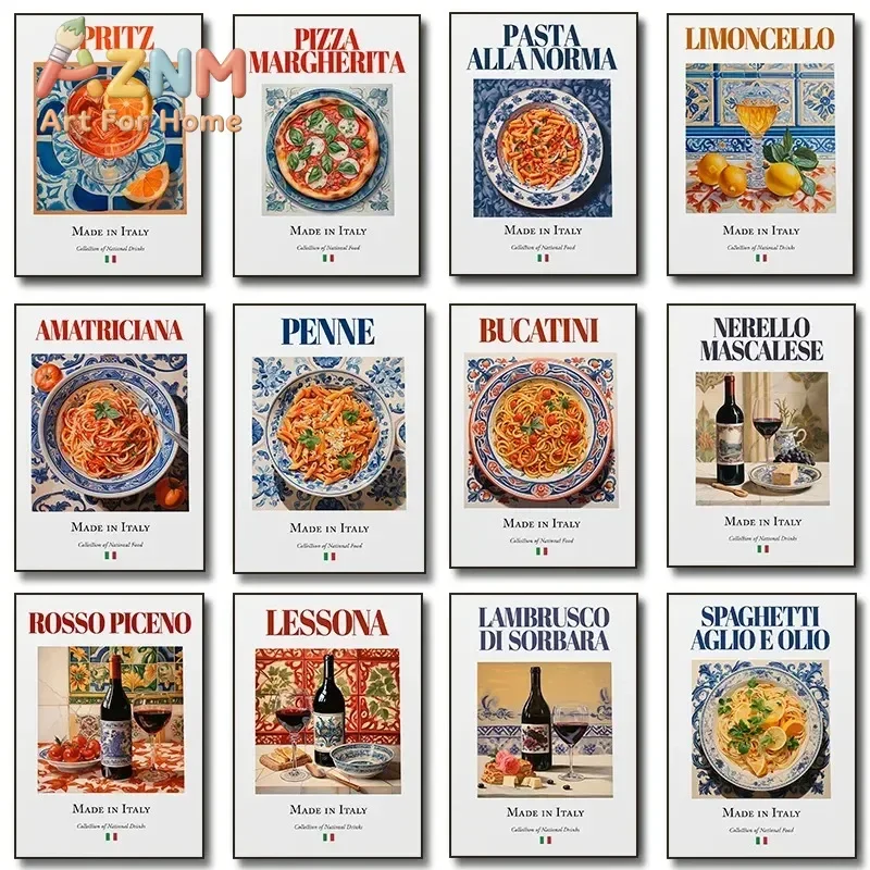 AZNM Italian Food Canvas Wall Art Pasta Pizza Wine Limoncello Retro Tile Style Frameless Print Poster for Kitchen Dining Room De