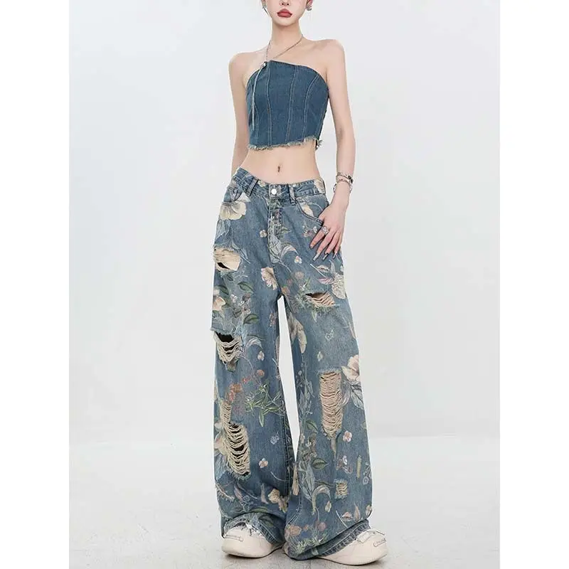 

Women's Summer Thin Edition Retro Printed Punched Wide Leg Pants Loose Look Slimming Floor Pants