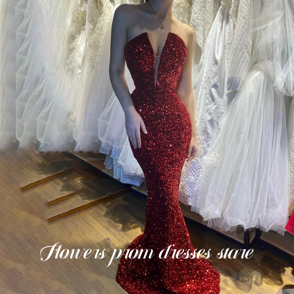 

Flowers Wine Red Party Gown Ruffled Mermaid Prom Dress V-Neck Sleeveless Evening Dress with Sequins robes de soirée Customized