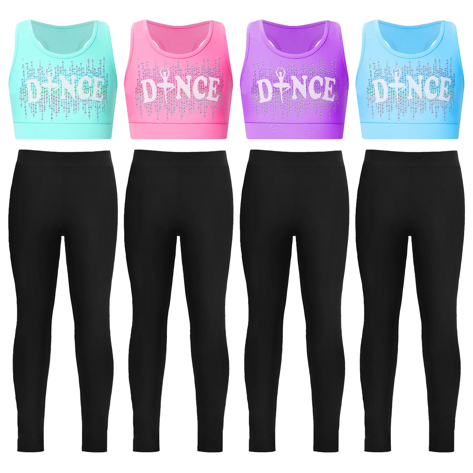 

Kids Girls Jazz Hip-hop Dance Costume Sportwear Sleeveless Printed Racerback Tank Crop Tops+Leggings for Gymnastics Streetwear