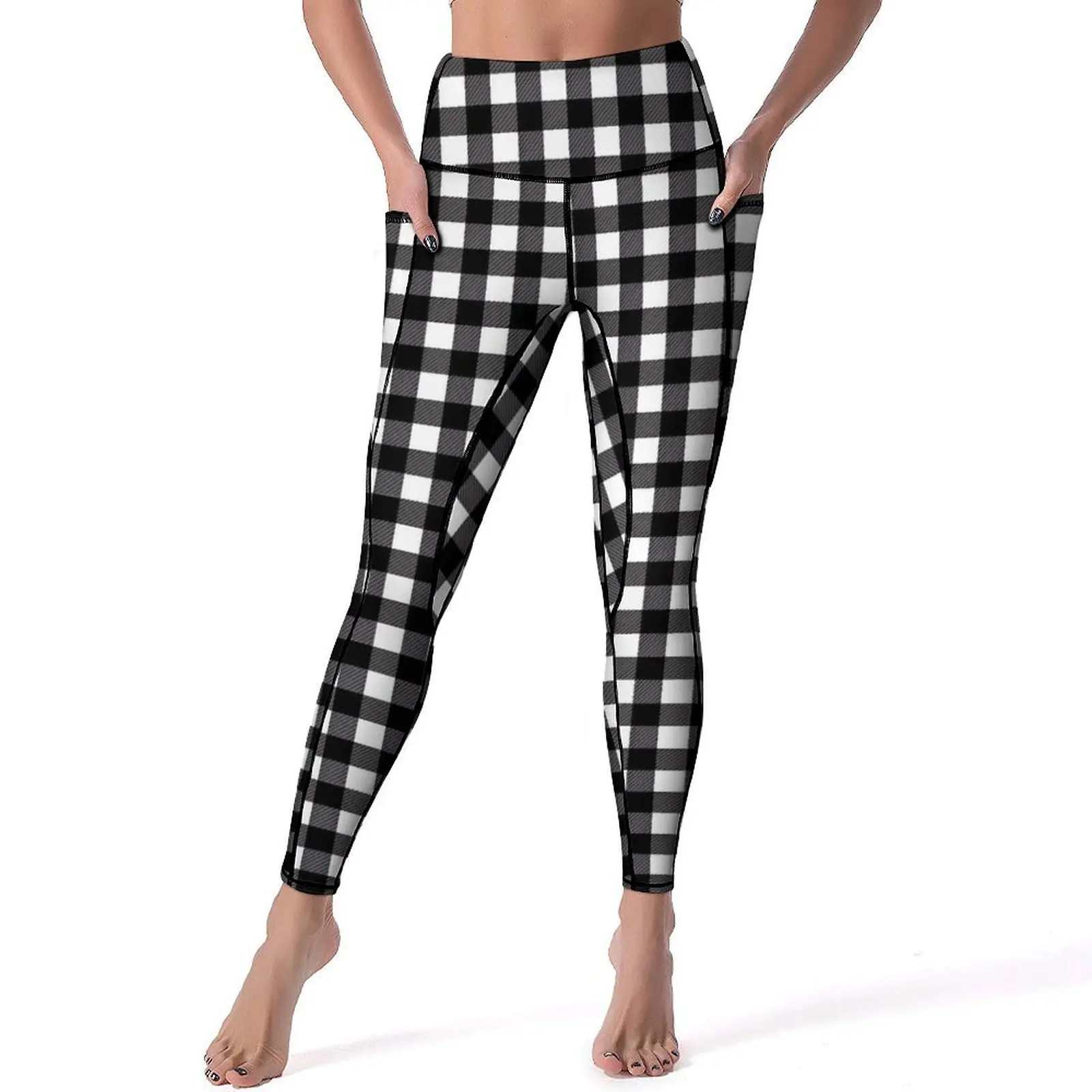 Black White Plaid Leggings Vintage Print Gym Yoga Pants High Waist Sweet Leggins Elastic Graphic Sports Tights Birthday Present