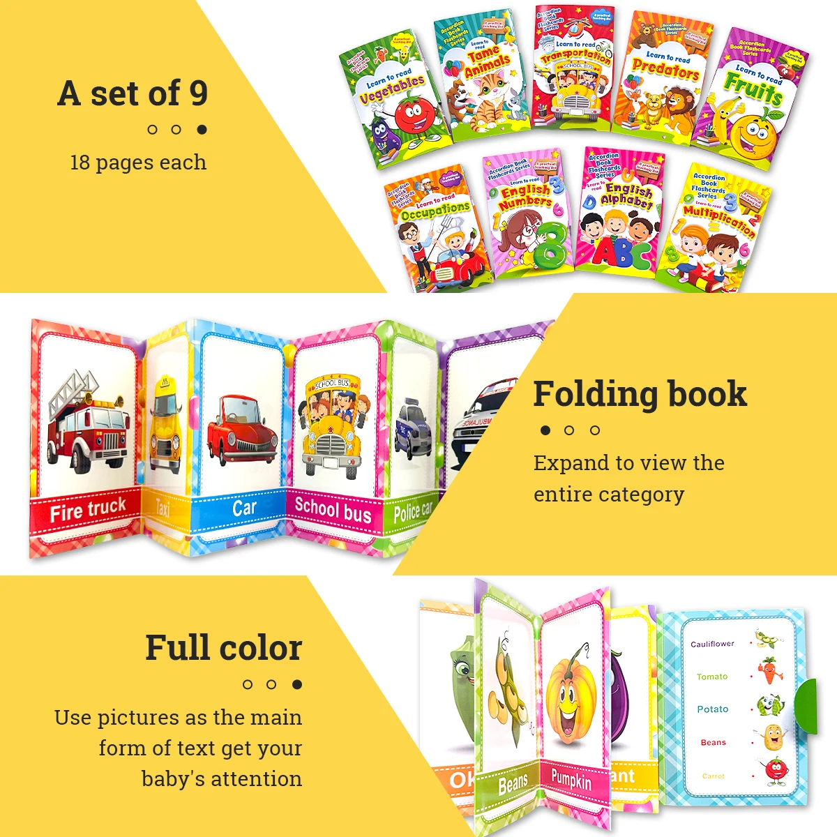 Set Of 9 Book English Folding Books For Children Educational Learning Storybook About Animals/vehicles/fruits For 3-8 Years Old