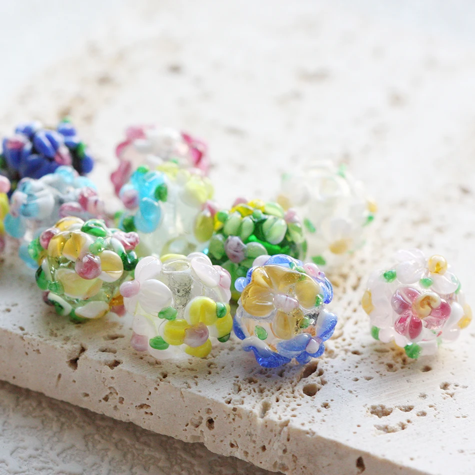 DIY Supply-2 Pieces Lamp worked Glass Finding Near Round Beads - Flower 12x13mm (G459)