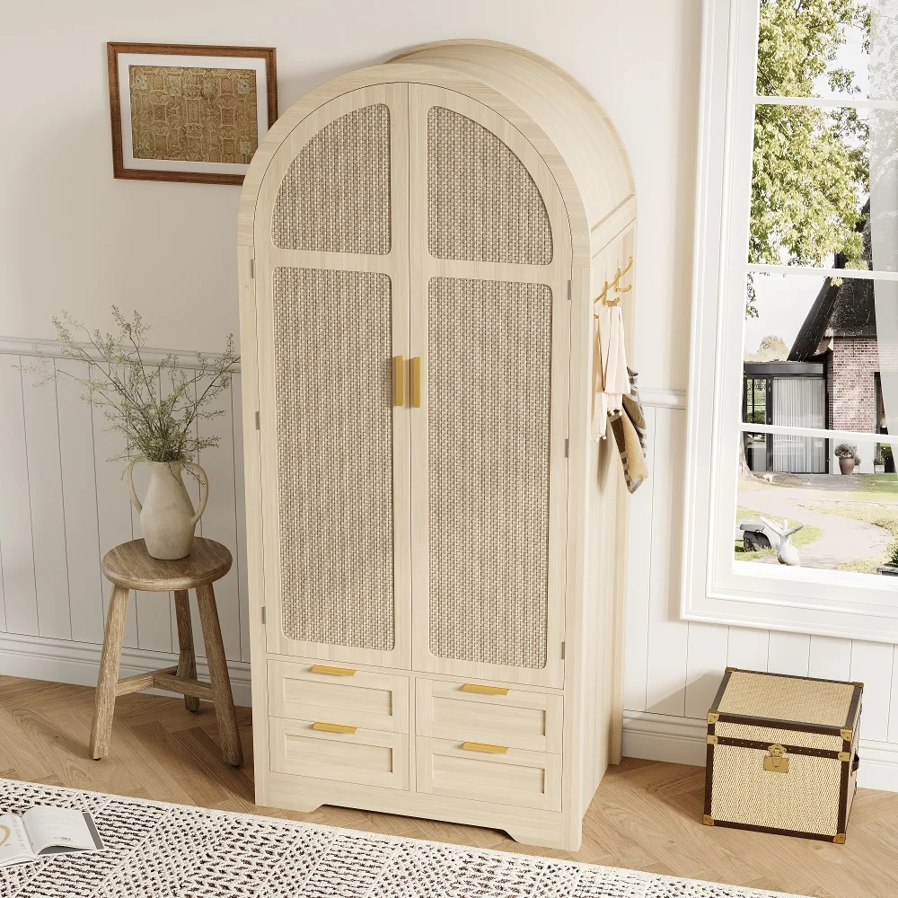 PINGGO Moderner Kleiderschrank mit Gebogenen Türen Großzügiger Stauraum Kleiderstange Schubladen Luxuriös für Schlafzimmer Eingangsbereich – Detail 10