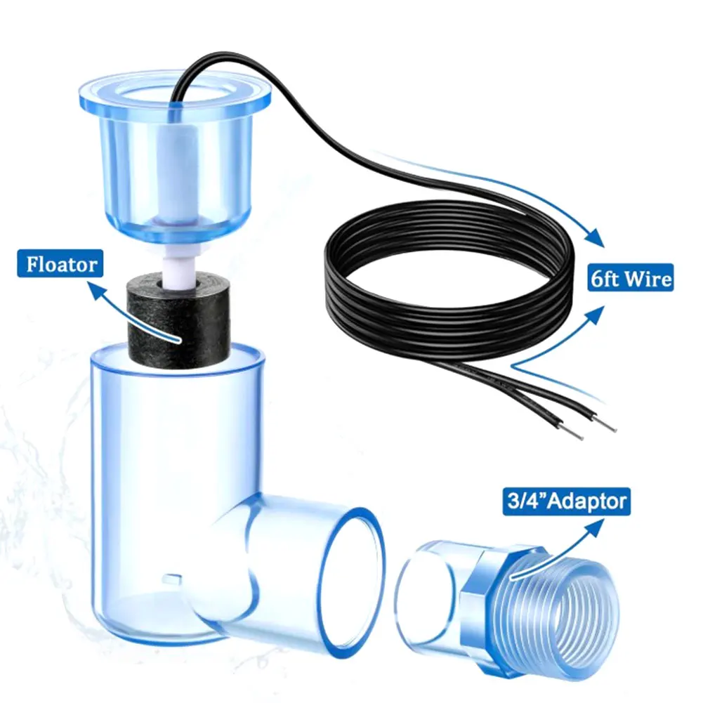 SS2 Float Switch Float Safety Switch With 3/4 Inch Adaptor 6ft Wire Water Level Sensor For Air Conditioner Overflow Detection