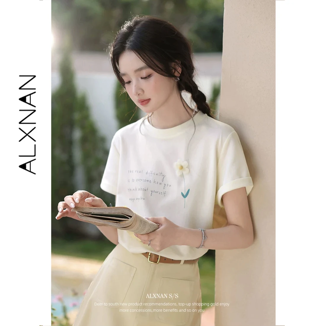

ALXNAN Women's T-shirt Letter Print 3D Flower Design T-shirts Cotton 100% Summer Casual Elegant Short Sleeve Tops Female L53655
